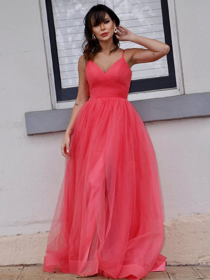 A-Line/Princess Tulle Ruffles V-neck Sleeveless Sweep/Brush Train Party Dresses Formal Dresses