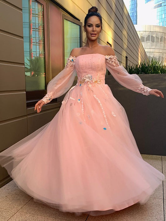 Ball Gown Hand-Made Flower Tulle Long Sleeves Off-the-Shoulder Floor-Length Party Dresses Formal Dresses