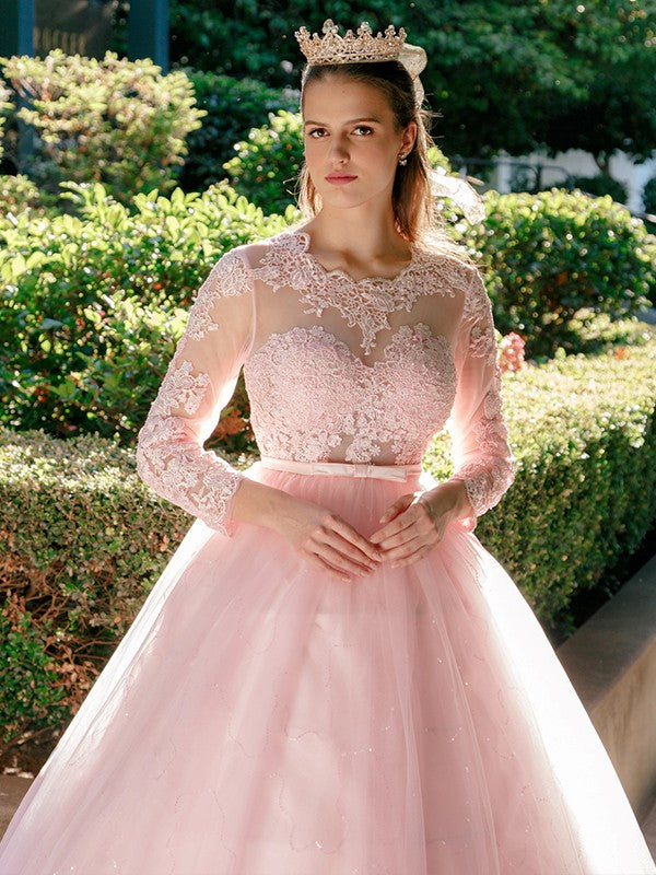 Ball Gown Tulle Scoop Lace Long Sleeves Sweep/Brush Train Party Dresses Formal Dresses