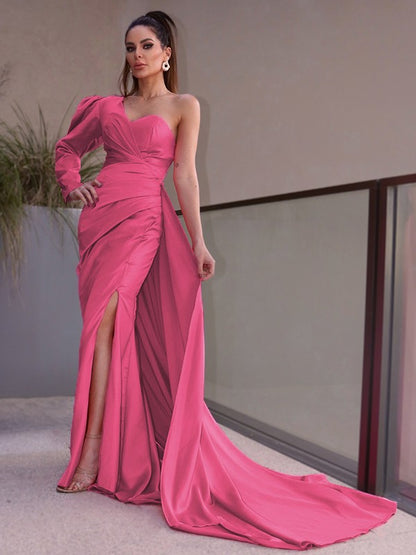 Sheath/Column One-Shoulder Long Sleeves Ruched Charmeuse Sweep/Brush Train Party Dresses Formal Dresses