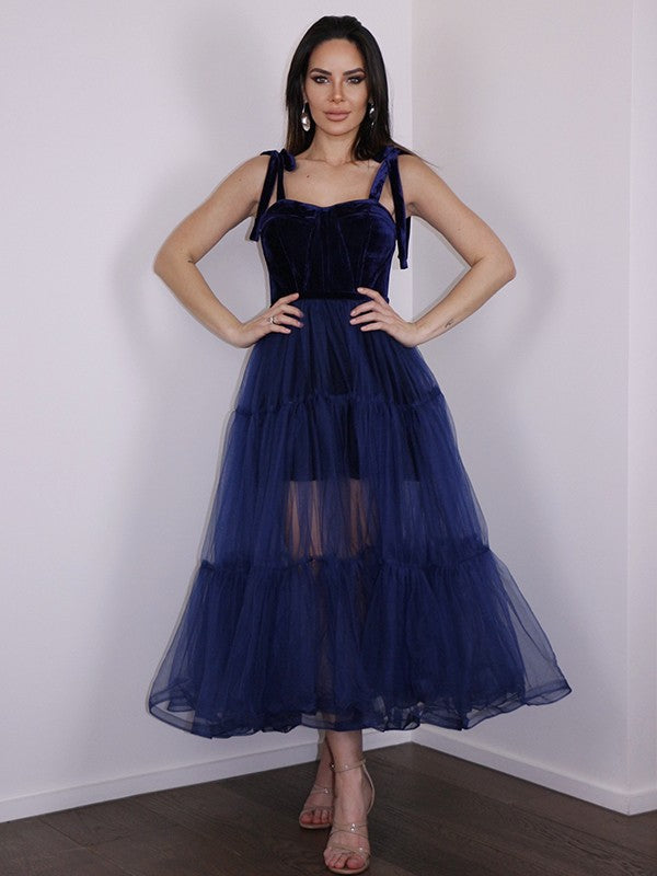 A-Line/Princess Tulle Ruffles Spaghetti Straps Sleeveless Tea-Length Homecoming Dresses