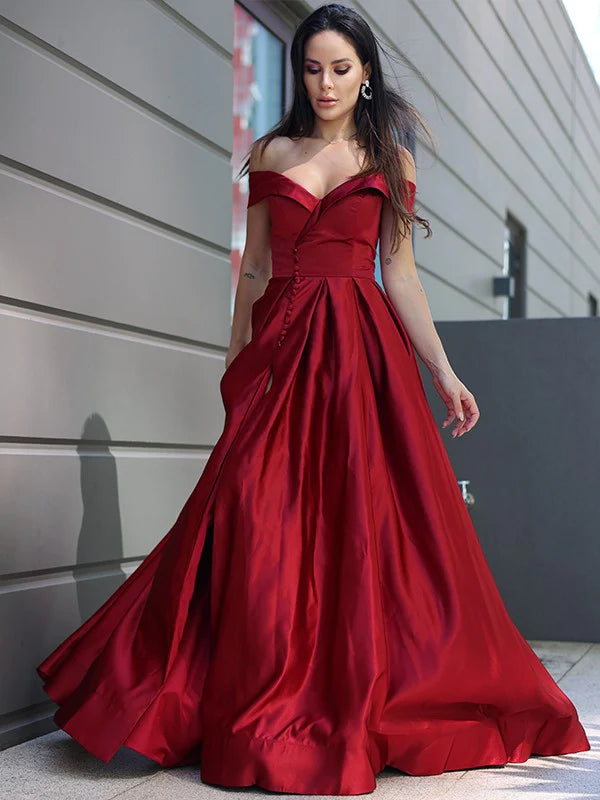 A-Line Princess Satin Ruffles Off-the-Shoulder Sleeveless Dresses