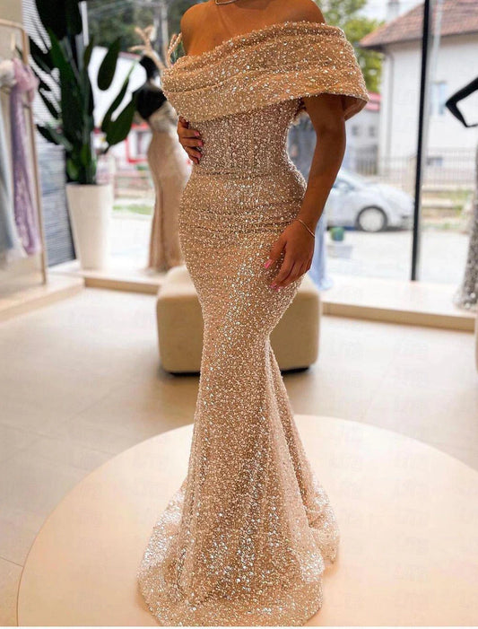 Sleek Glitter Sparking Evening Gown Mermaid Trumpet Off the Shoulder Formal Party Dress Floor Length Sleeveless Prom Dress With Sequins