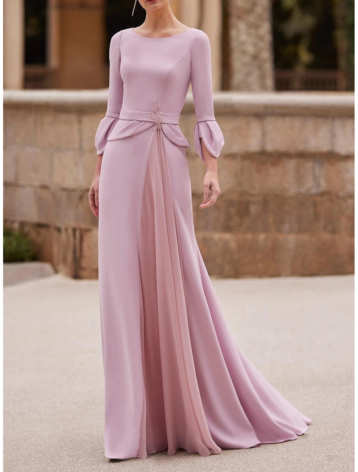 Sheath Mermaid Trumpet Evening Dress Floor Length 3/4 Length Sleeve  Chiffon Crepe  Mother of the Bride Dress with Crystal