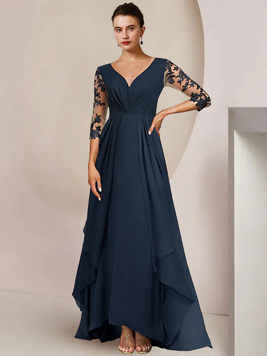 A-Line Mother of the Bride Dress Wedding Guest Elegant High Low V Neck Ankle Length Chiffon Lace 3/4 Length Sleeve with Sequin Appliques