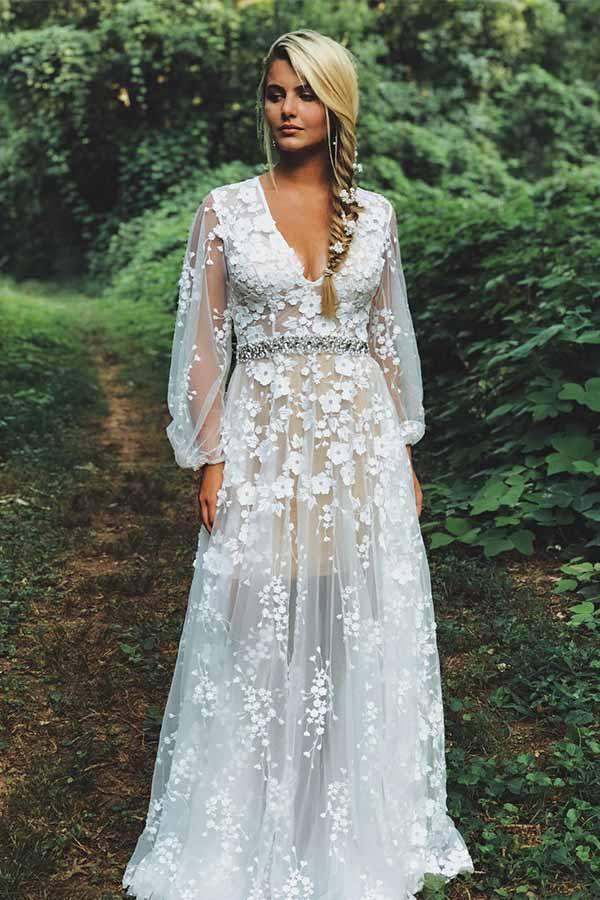 Modest V-neck White Lace Long Sleeves Wedding Dress with Beading