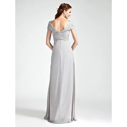 Sheath / Column Bridesmaid Dress V Neck / Off Shoulder Short Sleeve Open Back Floor Length Chiffon with Criss Cross / Draping