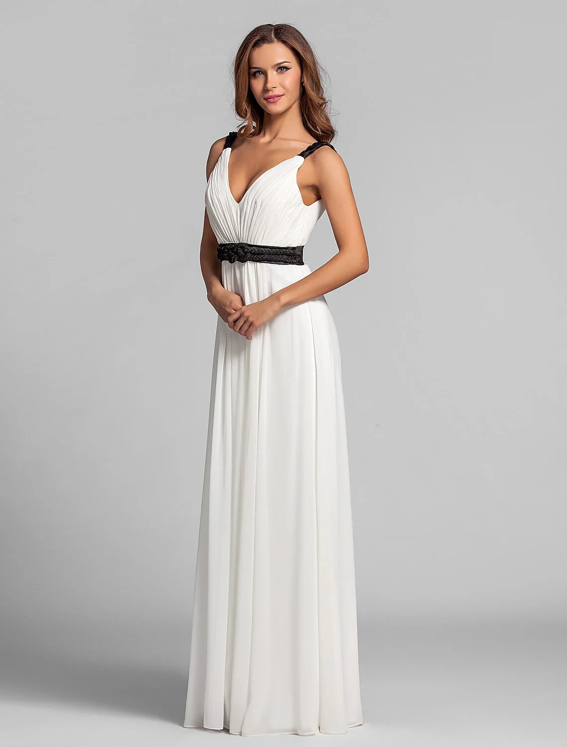 Sheath / Column V Neck Floor Length Georgette Bridesmaid Dress with Sash / Ribbon