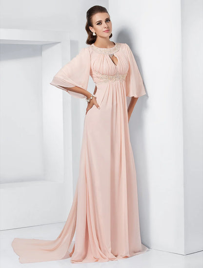 A-Line Special Occasion Dresses Elegant Dress Wedding Guest Sweep / Brush Train Half Sleeve Jewel Neck Chiffon with Beading Draping