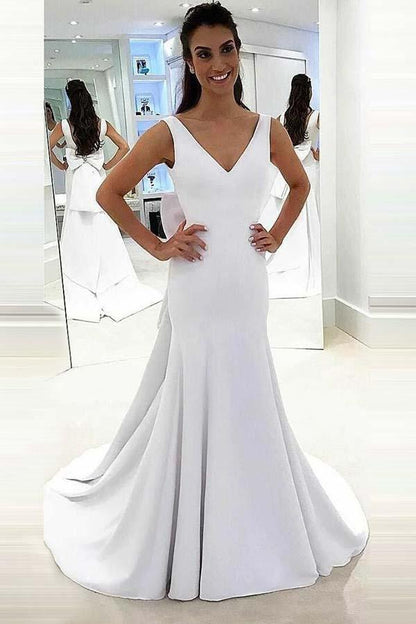 Mermaid Deep V-Neck Sweep Trian White Satin Backless Wedding Dress