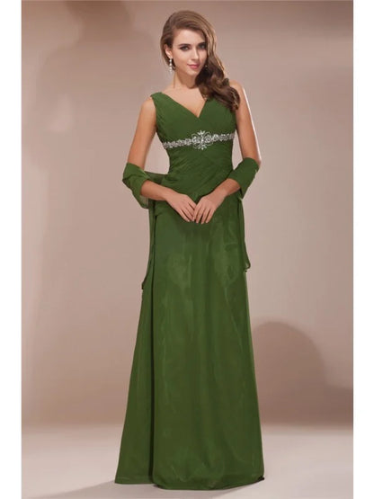 V-neck Sleeveless Beading Long Chiffon Mother of the Bride Dresses