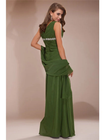 V-neck Sleeveless Beading Long Chiffon Mother of the Bride Dresses