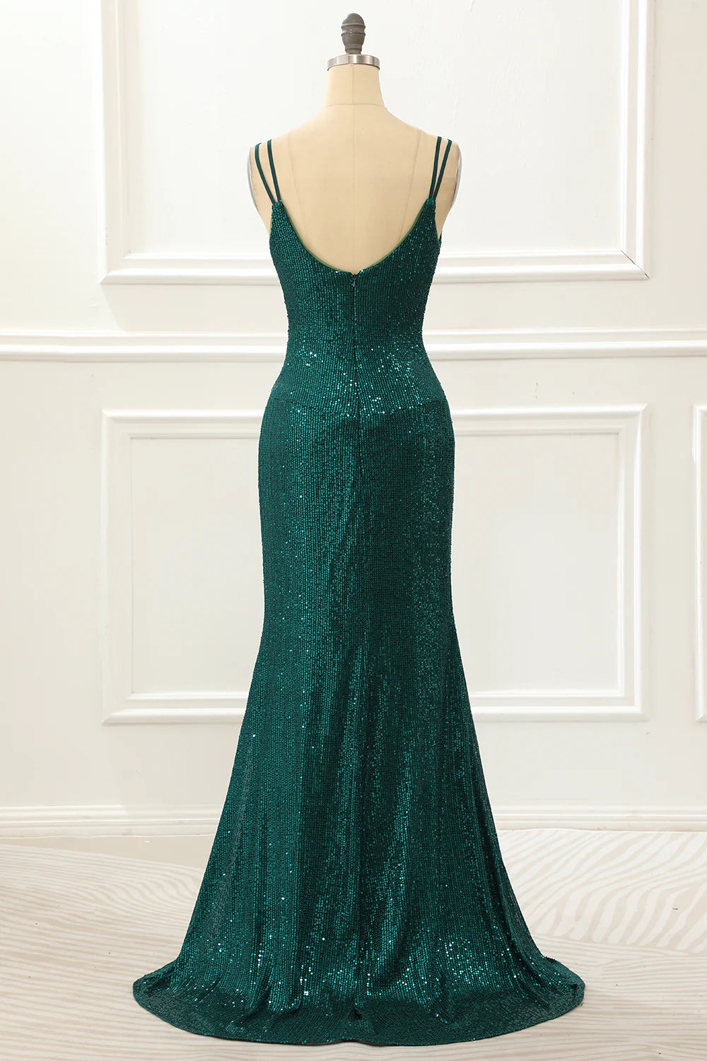 Dark Green V-Neck Spaghetti Straps Sequin Slim-fit Prom Dress With Slit