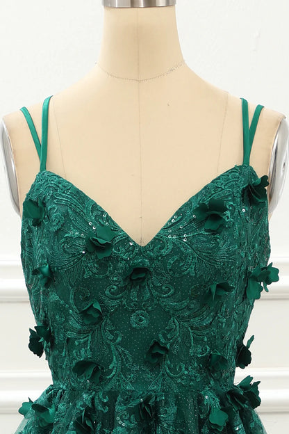 A Line V-Neck Dark Green Tulle Lace-Up Back Prom Dress with Appliques