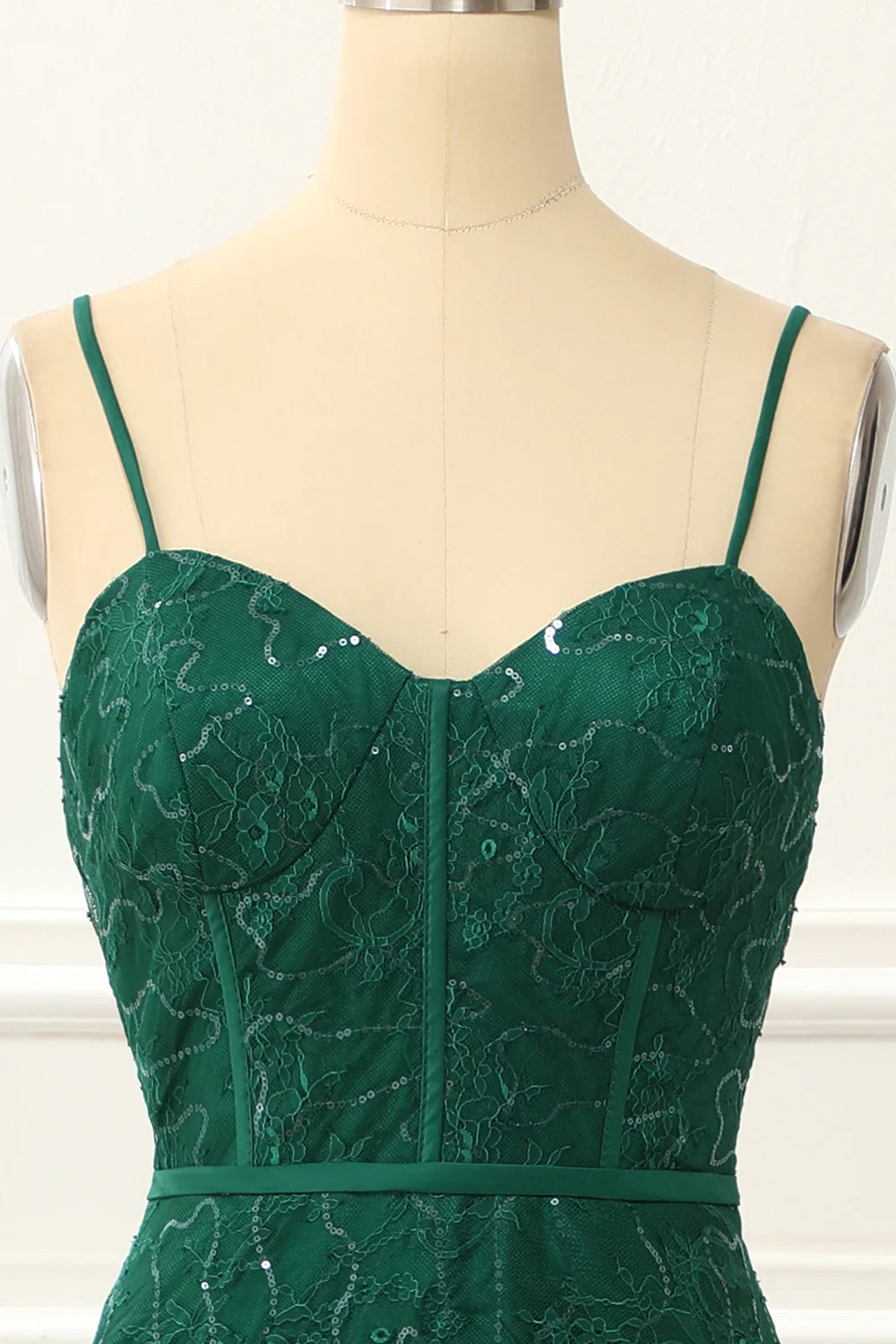 Dark Green Spaghetti Straps Lace-Up Back A Line Lace Prom Dress