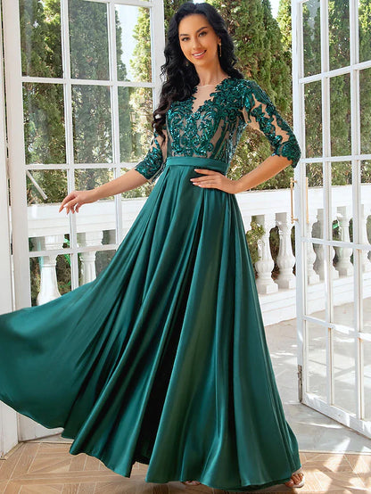 A-Line Evening Gown Elegant Dress Wedding Party Floor Length Half Sleeve Illusion Neck Satin with Pleats Sequin Slit