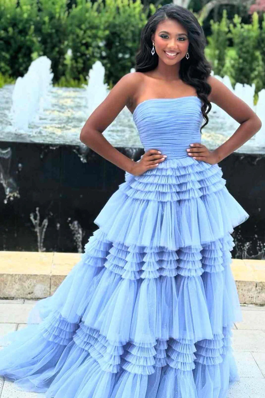 Strapless A-Line Tiered Tulle Prom Dress with Slit