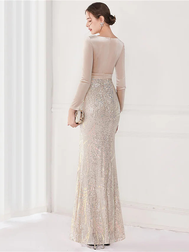 Mermaid / Trumpet Evening Gown Elegant Dress Wedding Guest Floor Length Long Sleeve V Neck Sequined V Back with Sequin Slit