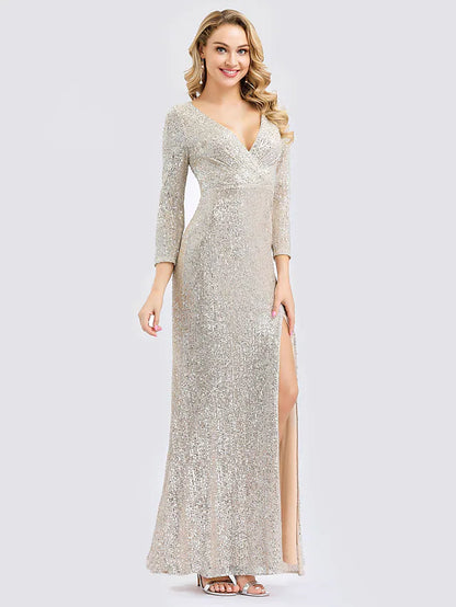 Sheath / Column Sexy Furcal Formal Evening Dress Plunging Neck Long Sleeve Floor Length Sequined with Sequin Split Front