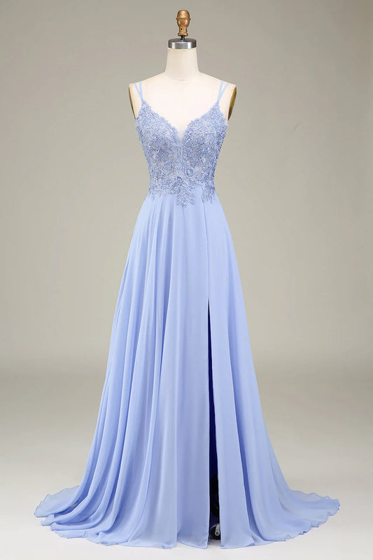 Lavender A-Line V-Neck Spaghetti Straps Lace-Up Back Long Appliques Prom Dress with Slit