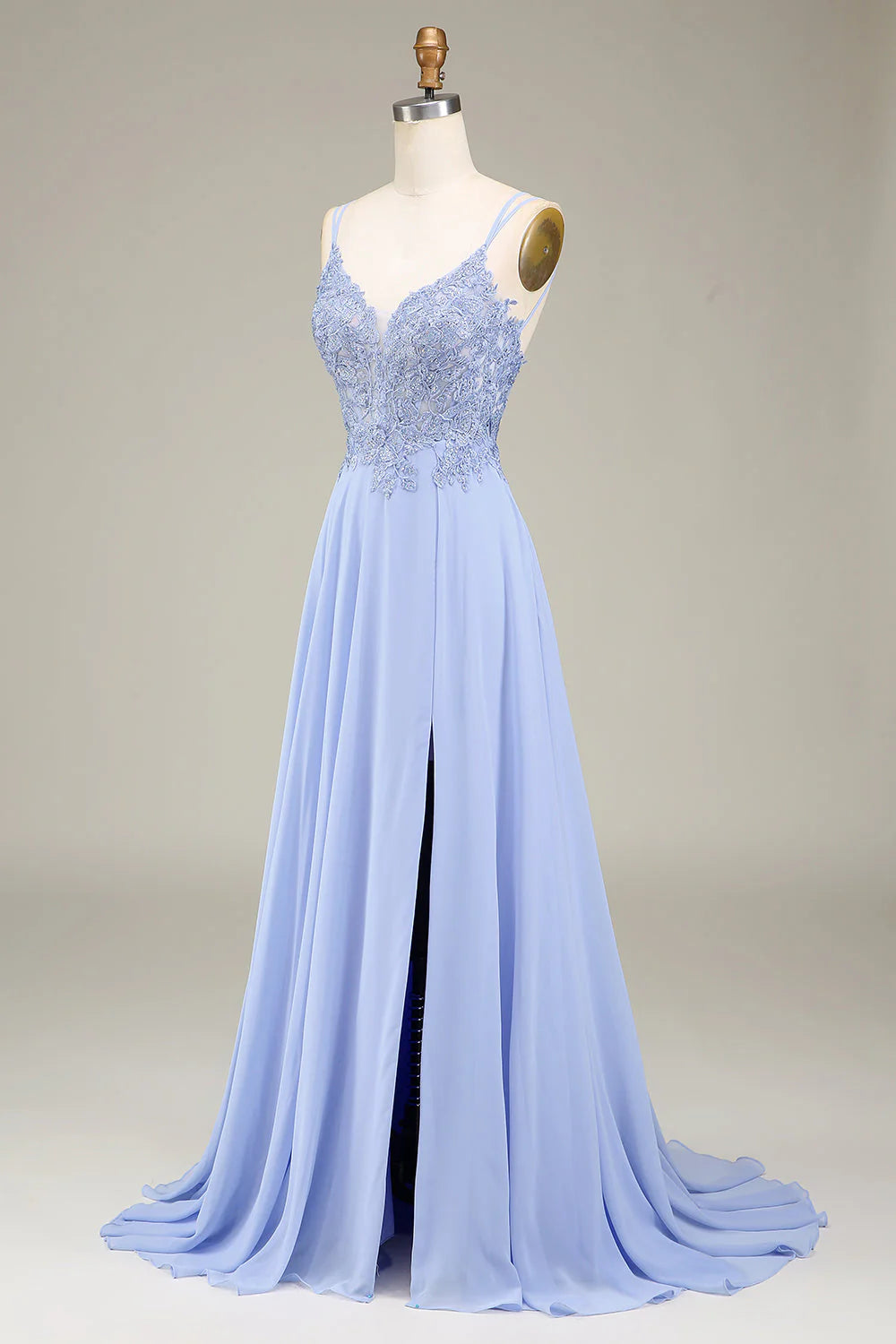 Lavender A-Line V-Neck Spaghetti Straps Lace-Up Back Long Appliques Prom Dress with Slit