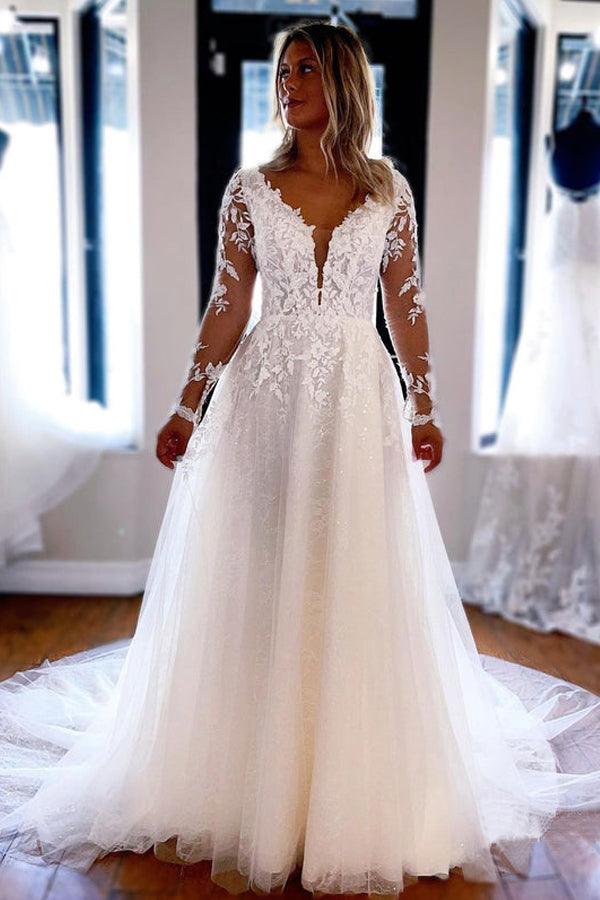 A-line V Neck Lace Long Sleeves Wedding Dresses