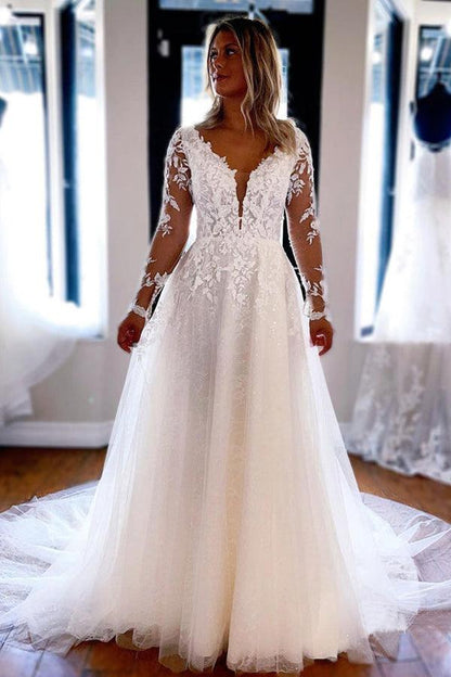 A-line V Neck Lace Long Sleeves Wedding Dresses