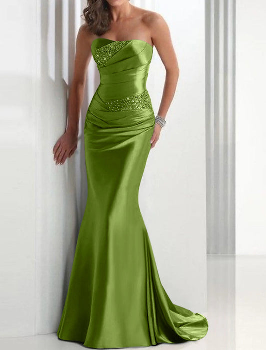 Sheath Mermaid Formal Evening Dress Strapless Wedding Guest Sleeveless Brush Train Satin Prom Dress with Crystals