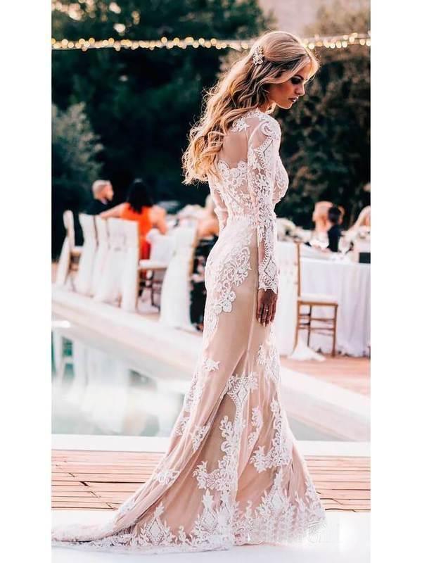 Mermaid Long Sleeve Lace Boho Wedding Dresses Rustic Bridal Gown