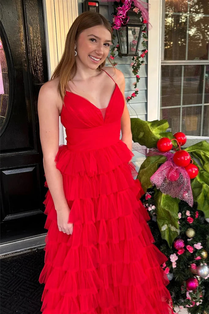A-line Layers Plunging V Neck Long Prom Dress