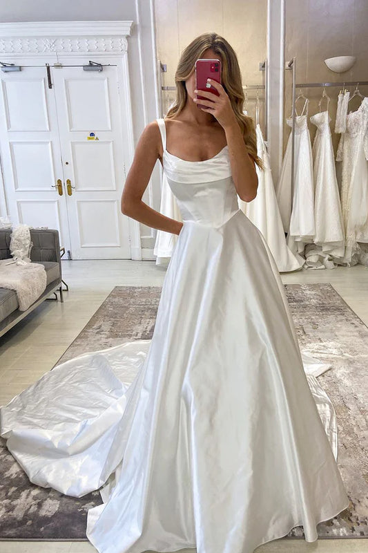 Gorgeous Ball Gown Satin Square Neck Spaghetti Strap Satin Floor-Length Wedding Dresses