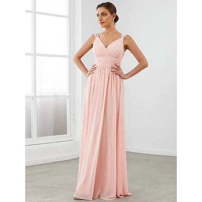 A-Line Bridesmaid Dress V Neck Sleeveless Vintage Floor Length Chiffon with Tier