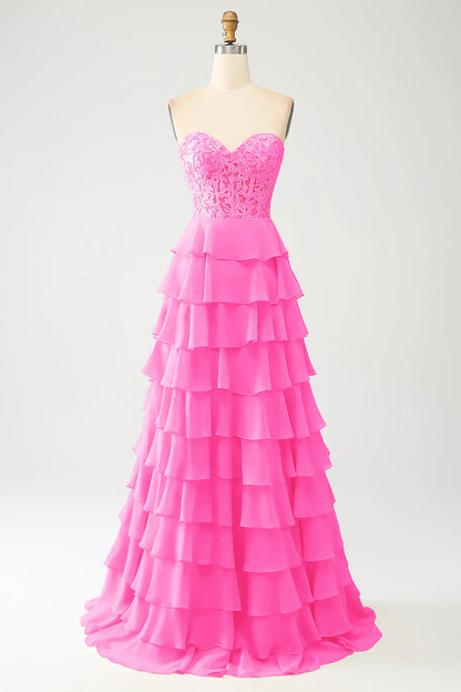 Sky Blue A-Line Off-the-Shoulder Sweetheart Tiered Lace-Up Back Long Prom Dress