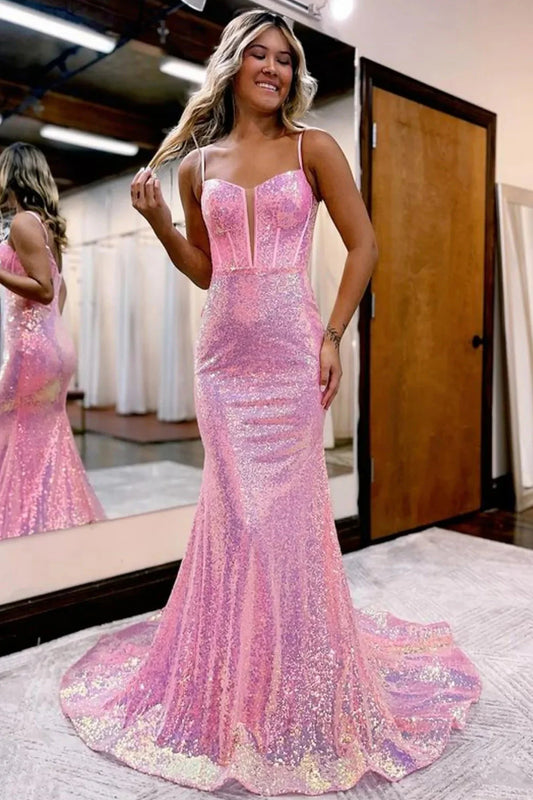 Sparkly Pink Plunge V Sequin Spaghetti Strap Long Mermaid Corset Prom Dress