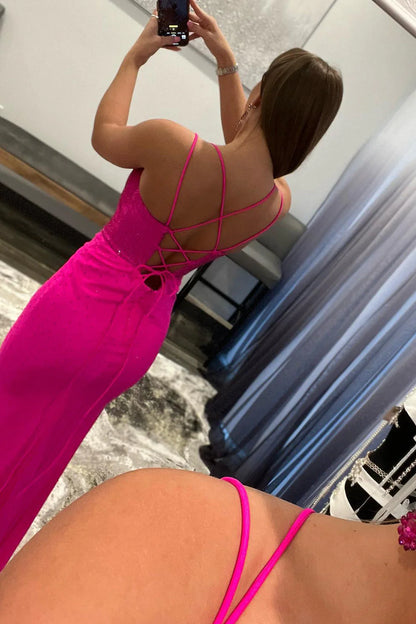 Hot Pink Round Neck Mermaid Spaghetti Straps Lace-Up Back Prom Dress