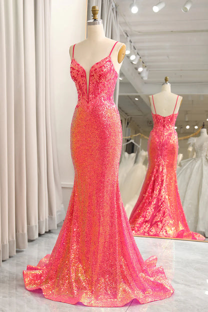 Fuchsia Plunge V Sequins Mermaid Spaghetti Straps Floor-Length Prom Dress