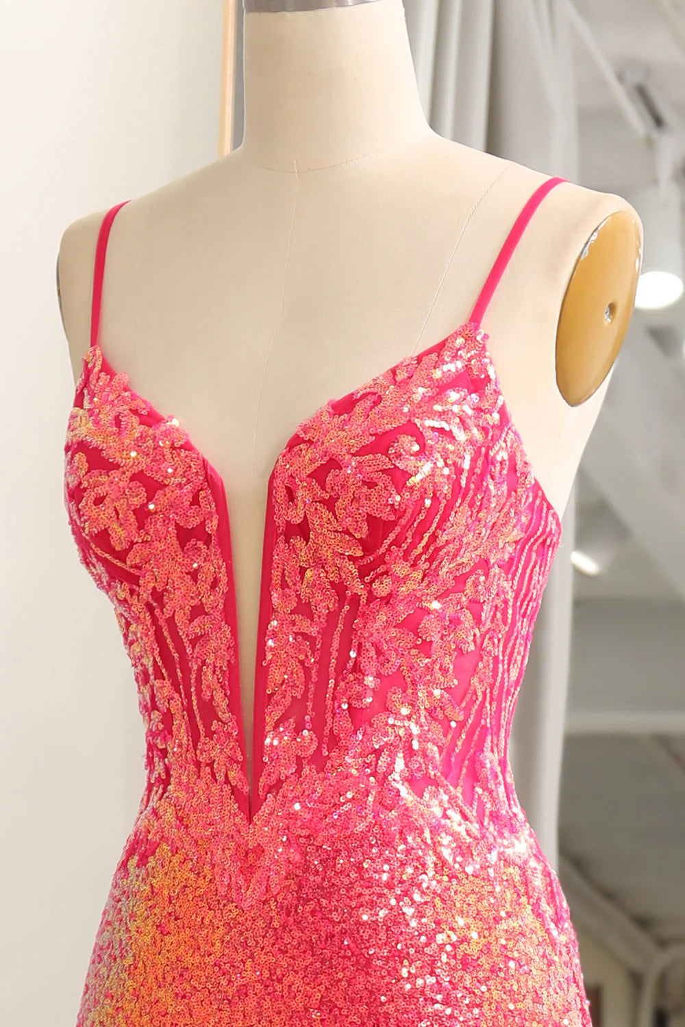Fuchsia Plunge V Sequins Mermaid Spaghetti Straps Floor-Length Prom Dress