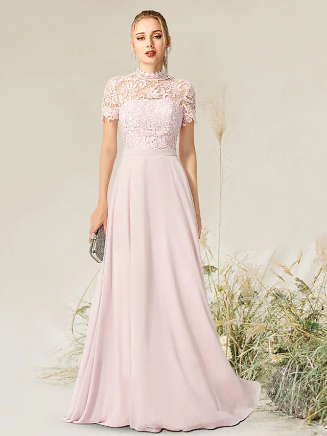 A-Line Evening Gown Empire Dress Engagement Floor Length Short Sleeve High Neck Chiffon with Pleats