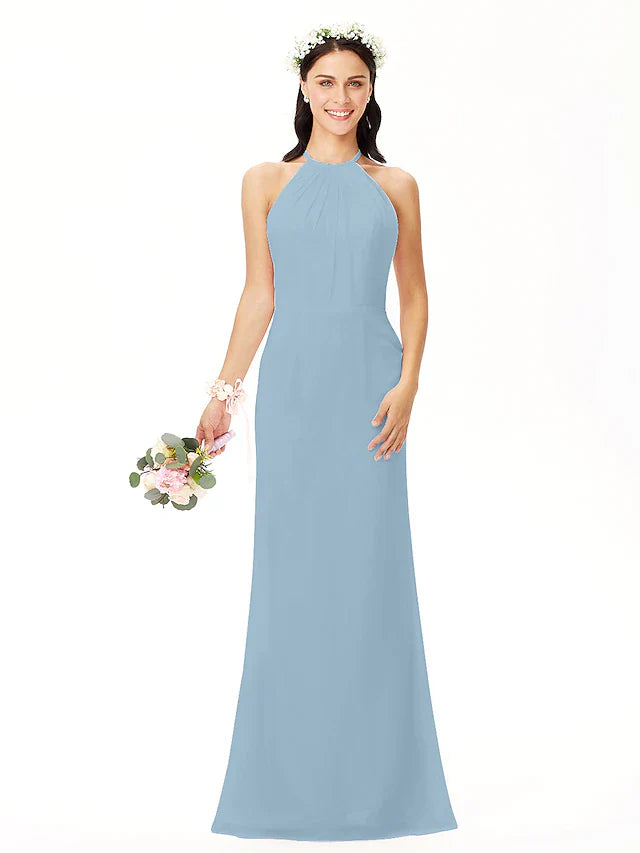 Sheath / Column Bridesmaid Dress Jewel Neck Sleeveless Elegant Floor Length Chiffon with Pleats