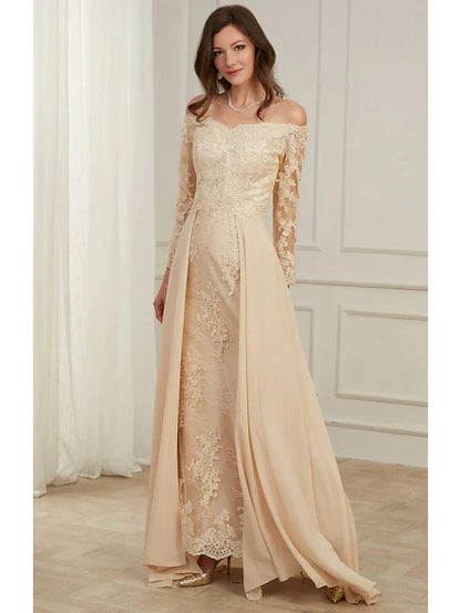 A-Line Evening Gown Elegant Dress Wedding Guest Floor Length Long Sleeve Off Shoulder Polyester with Overskirt Appliques