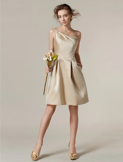 A-Line One Shoulder Knee Length Satin Bridesmaid Dress with Pleats