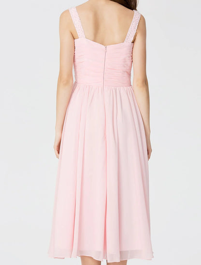 Ball Gown / A-Line V Neck Tea Length Chiffon Bridesmaid Dress with Criss Cross / Beading