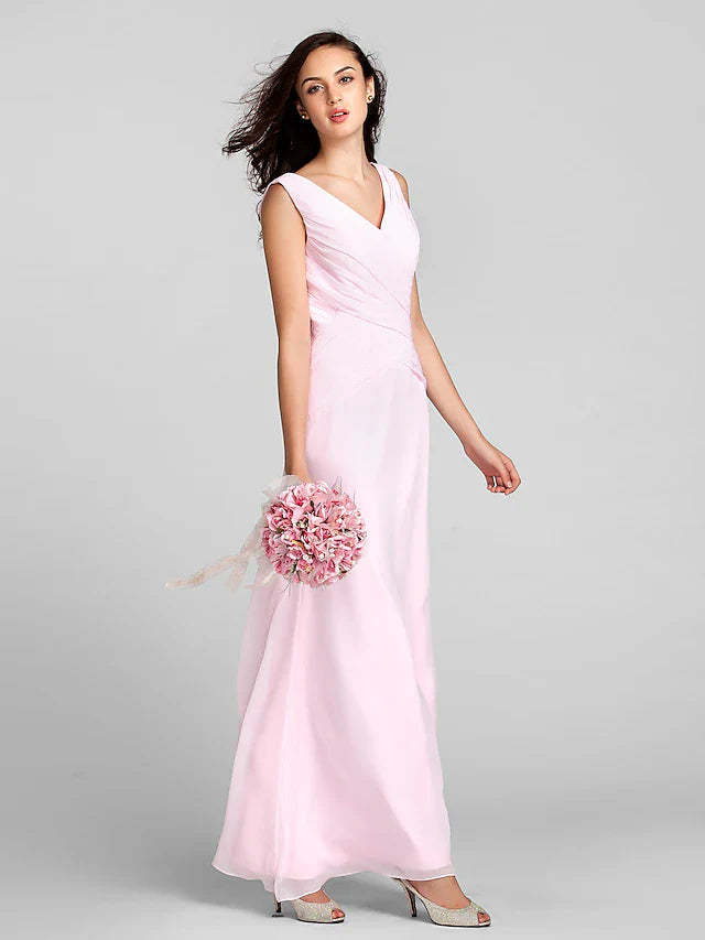 Sheath / Column Bridesmaid Dress V Neck Sleeveless Floor Length Chiffon with Criss Cross