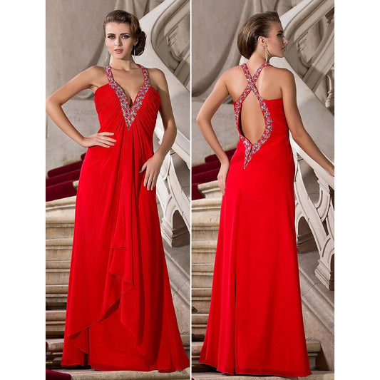 A-Line Celebrity Style Dress Formal Evening Floor Length Sleeveless Plunging Neck Chiffon with Beading