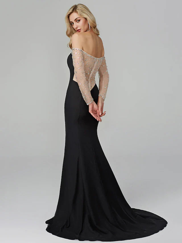 Mermaid / Trumpet See Through Dress Holiday Floor Length Long Sleeve Off Shoulder Chiffon with Beading