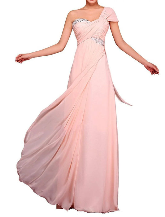 Sheath / Column Evening Gown Beautiful Back Dress Wedding Guest Floor Length Short Sleeve One Shoulder Chiffon with Pleats Sequin