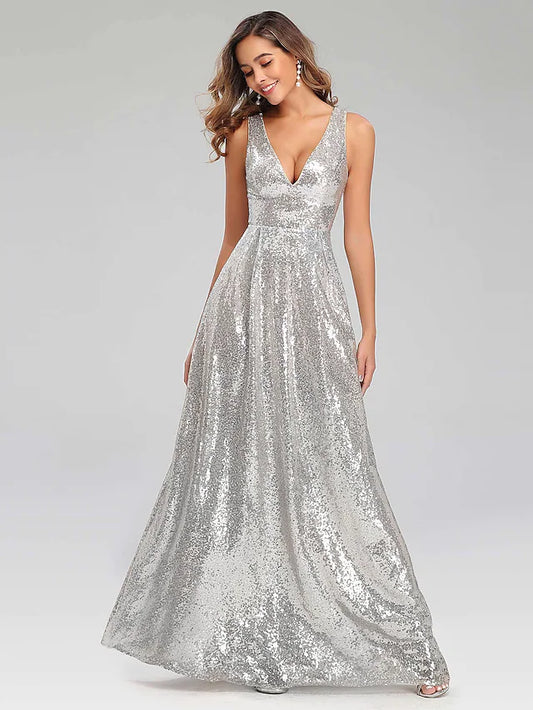 A-Line Prom Dresses Sparkle Dress Wedding Guest Floor Length Sleeveless V Neck Polyester V Back with Sequin