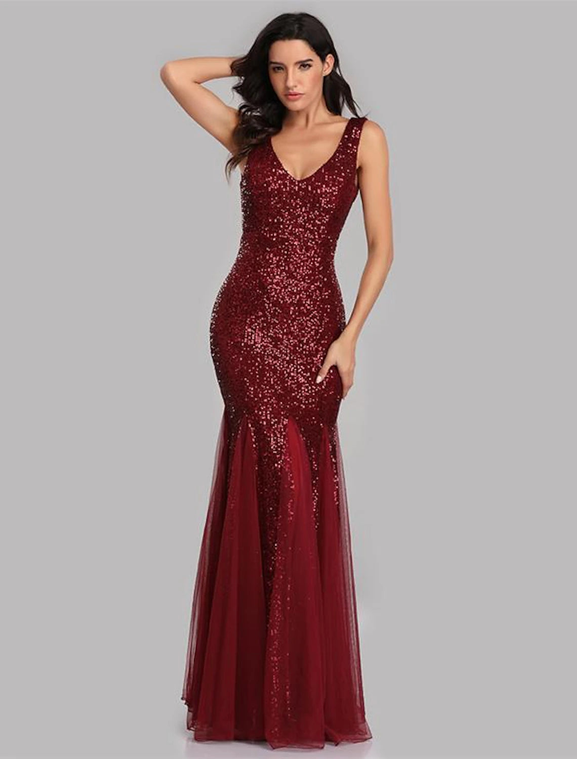 Sheath Mermaid Sleek Glitter Sparking Sequins Evening Dress Sleeveless Wedding Guest Gown  Floor Length  V Neck Prom Dress