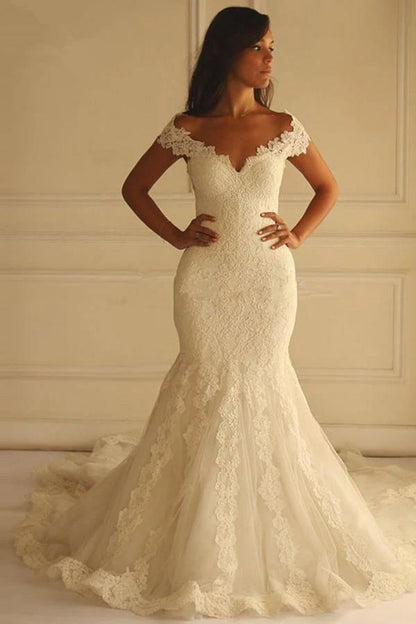 Off Shoulder Court Train Short Sleeves Mermaid Lace Wedding Dress