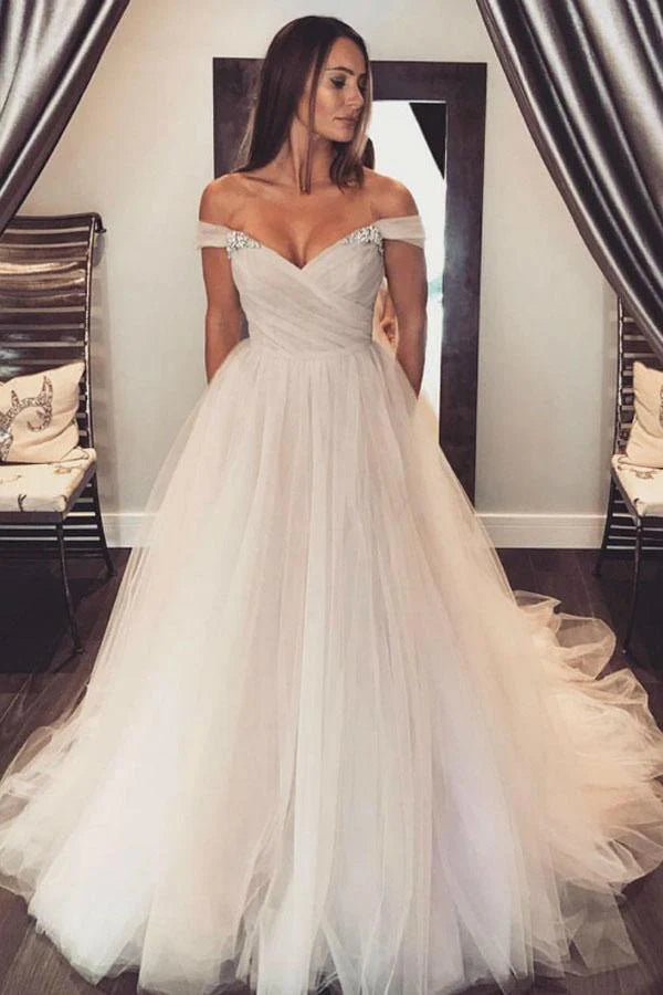 Off Shoulder Tulle Sleeves Blush Wedding Dress Colorful Bridal Dress